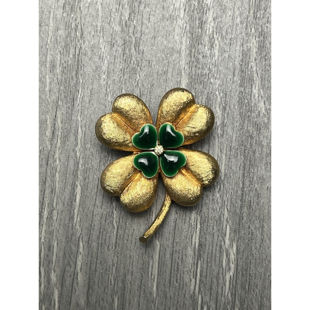Vintage MYLU Four Leaf Clover Brooch Pin Gold Tone Green Enamel Rhinestone